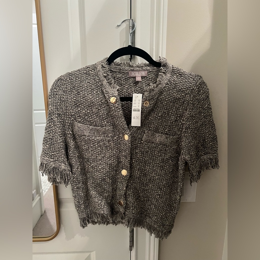 J. Crew Cropped fringe-trim lady jacket in marled yarn